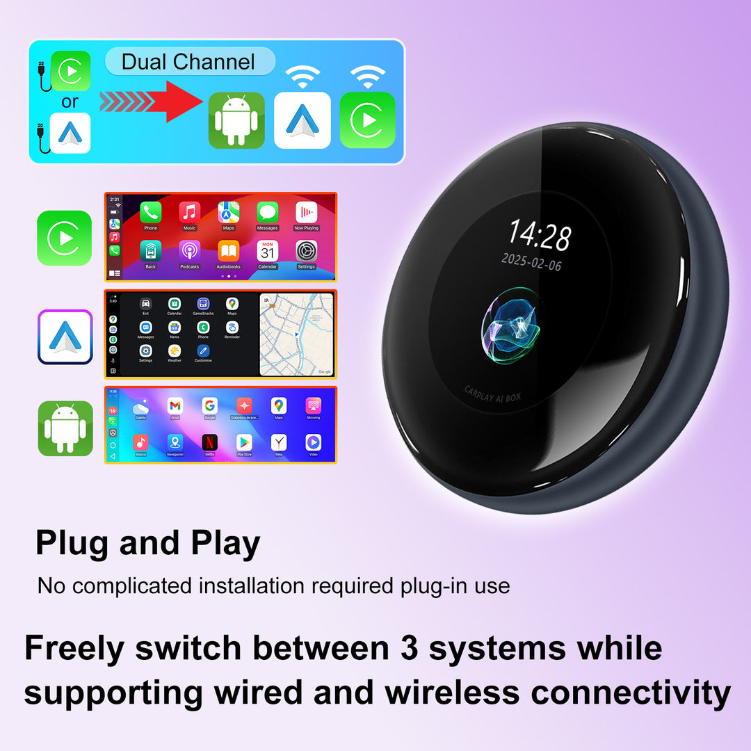 Kspiv 3.2 inch Touch Screen CarPlay Ai Box with Android 14 Qualcomm 6125, Wireless CarPlay Android Auto Adapter with YouTube Disney+ Apps, Support Video Output 4G SIM & Dual WiFi OTA Update,Plug&Play