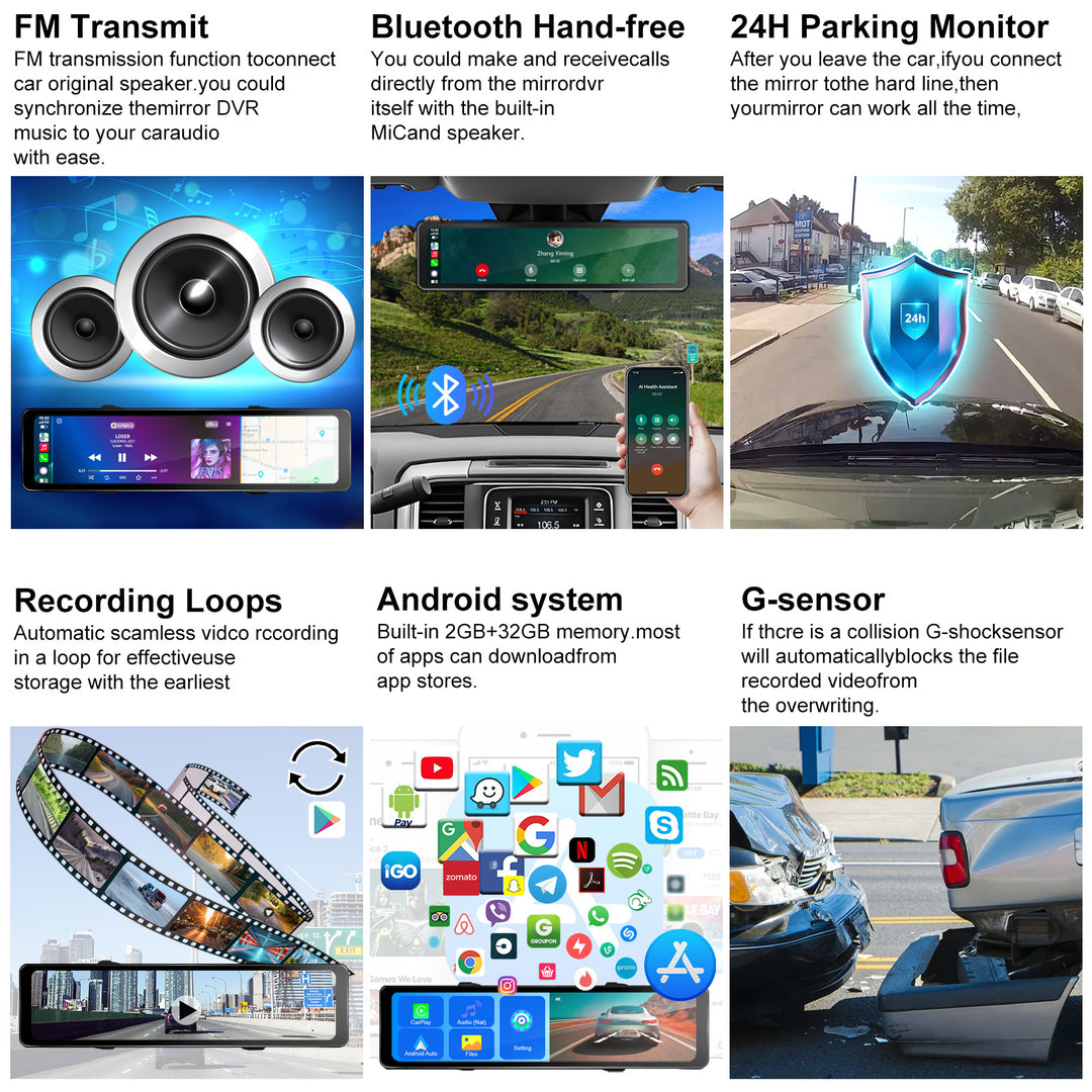 Upgraded 11.88'' Rear View Mirror Camera Mirror Dash Cam Front and Rear 1080P Backup Camera Full Touch Screen with Loop Recording, G-Sensor Night Vision 170° Wide Angle
