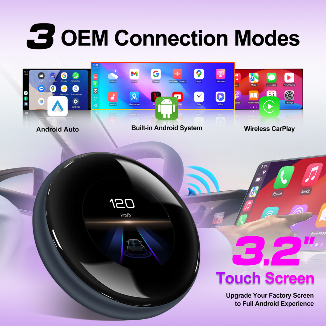 CarPlay Magic AI Box with 3.2” Touchscreen for BMW Mercedes Audi Porsche | Android 14 Wireless CarPlay & Android Auto Adapter