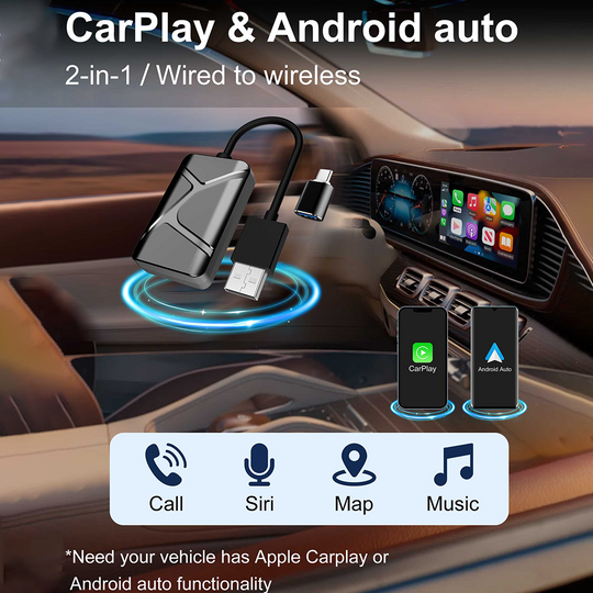 2-in-1 Wireless CarPlay & Android AutoAdapter Converts Wired to WirelessCarPlay, Plug & Play Stable Control & NoDelay