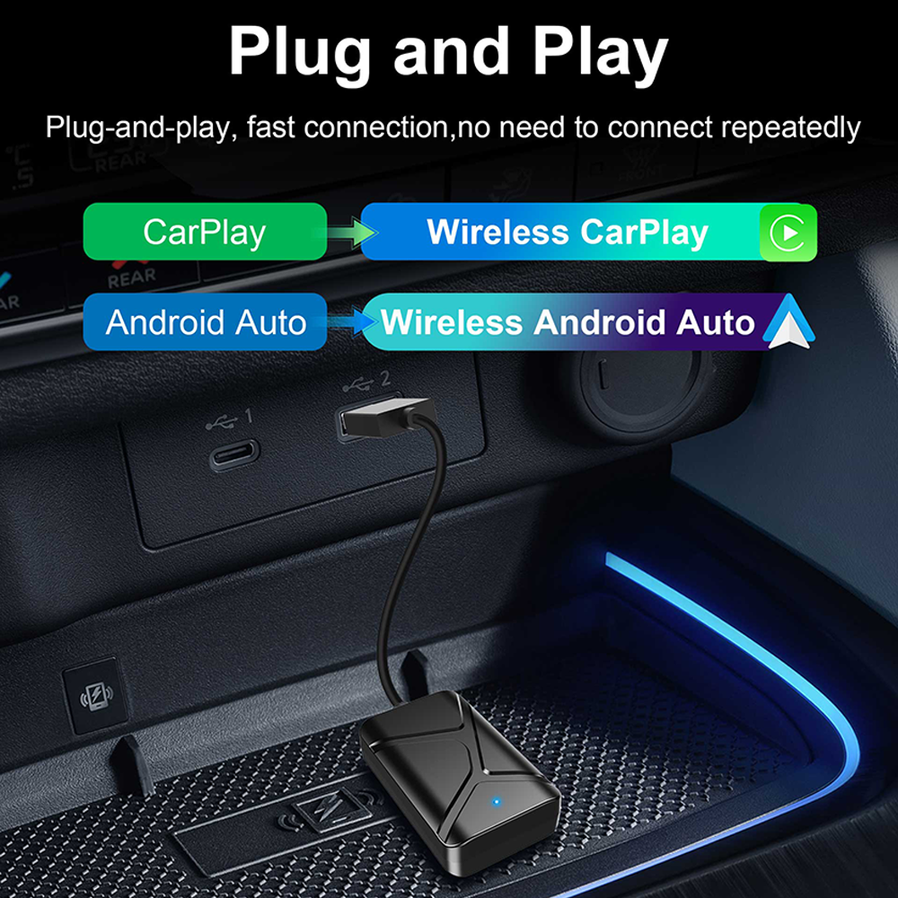 2-in-1 Wireless CarPlay & Android AutoAdapter Converts Wired to WirelessCarPlay, Plug & Play Stable Control & NoDelay