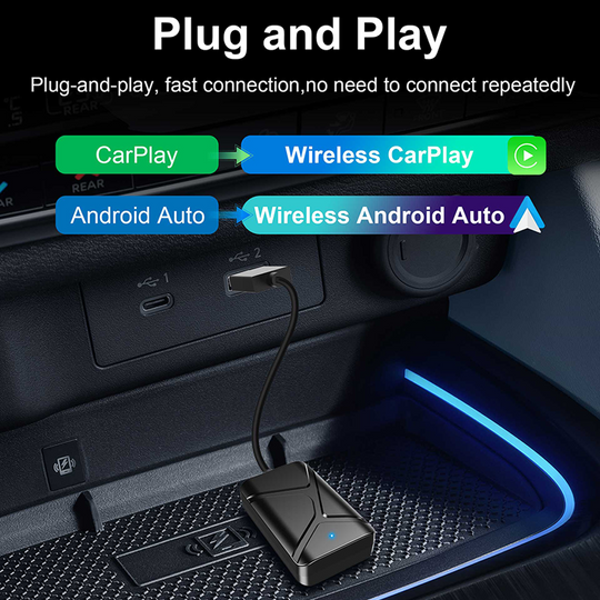 2-in-1 Wireless CarPlay & Android AutoAdapter Converts Wired to WirelessCarPlay, Plug & Play Stable Control & NoDelay