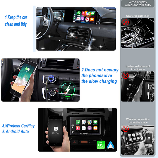 2-in-1 Wireless CarPlay & Android AutoAdapter Converts Wired to WirelessCarPlay, Plug & Play Stable Control & NoDelay