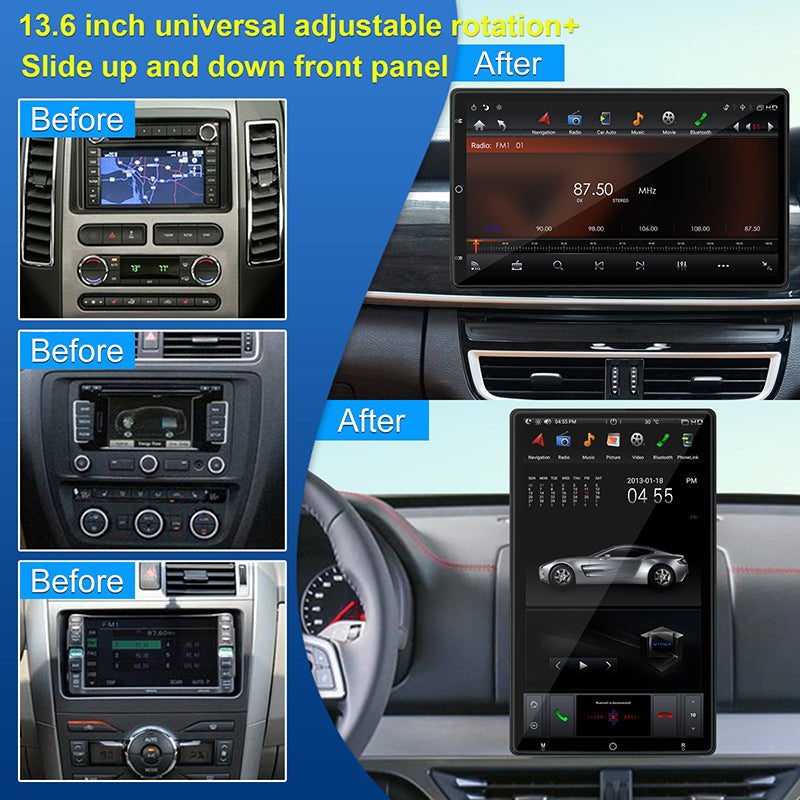 KSPIV Manual Rotation 13.6 Inch Universal Double Din Car Stereo Carplay Android Auto with Adjustable Front Panel Support Voice Control DSP AHD Radio